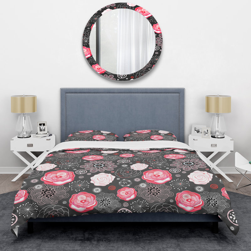 Ensemble de housse de couette fleurs roses et noires, Housse de couette simple + 1 taie décorative stan