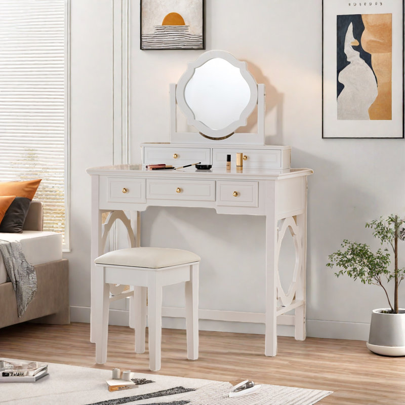 Coiffeuse élégante avec miroir en forme de quatre feuilles réversible, 5 tiroirs, poignées rondes dorées et tabouret