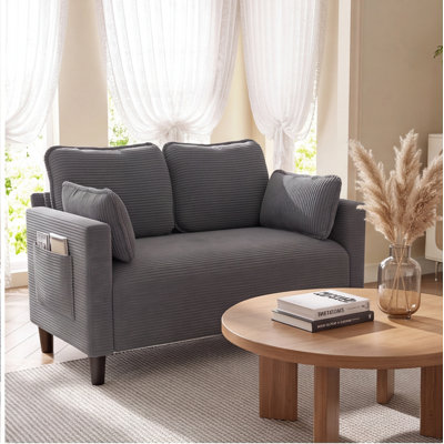 Causeuse en velours côtelé gris 48 pouces avec pochette de rangement latérale, structure en bois massif et coussins à haute densité, facile à assembler pour le salon, appartement ou bureau