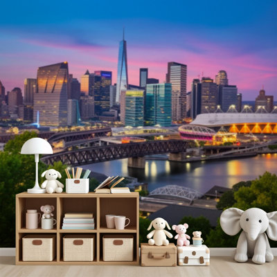 Peel and Stick Wallpaper Cincinnati Ohio Skyline Downtown Wall Murals 69"H x 96"W Removable PVC Wall Paper Self-Adhesive Wall Decor for Bedroom Living Room Home Office