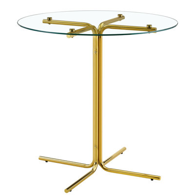 Table ronde haute en verre, table ronde de 36 pouces, plateau en verre trempé, support robuste à quatre colonnes plaqué chrome doré, convient aux tables rondes transparentes dans les petits espaces, les cuisines