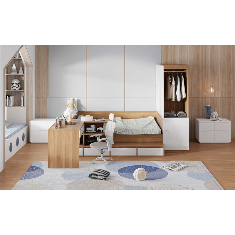 Lit plateforme double en bois avec 6 tiroirs, tablettes, bureau et garde-robe, Naturel