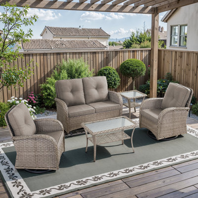 This Handcrafted 5-Piece Outdoor Seating Group Infuse Your Porch Or Patio With Timeless Charm And Natural Elegance. The Set Includes A Glider Loveseat,  2 Classic Swivel Chairs, A Side Table And A Coffee Table, Hand Woven PE Wicker Paired With A Curved W