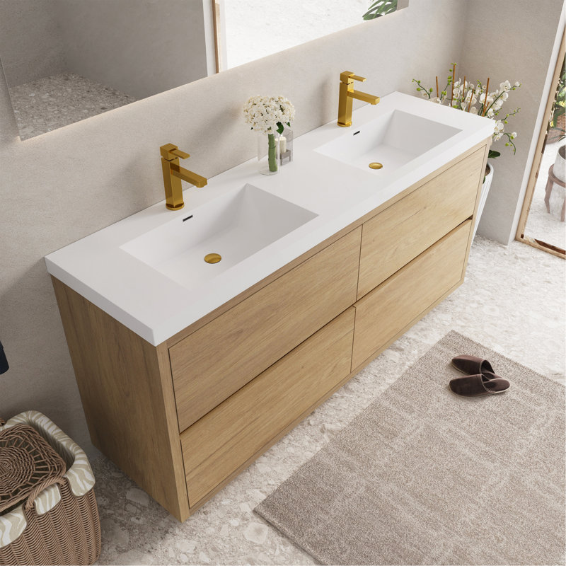 Meuble-lavabo autoportant 72 po avec double vasque, meuble-lavabo avec comptoir en résine de pierre et tiroirs à fermeture en douceur, chêne naturel