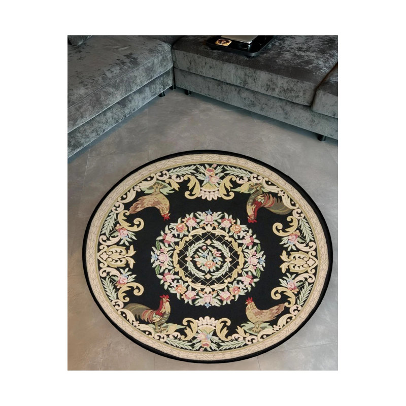 Black Theme Flower And Chicken Patterned Round Woven Base Vintage Decorative Carpet, Round 2'8"