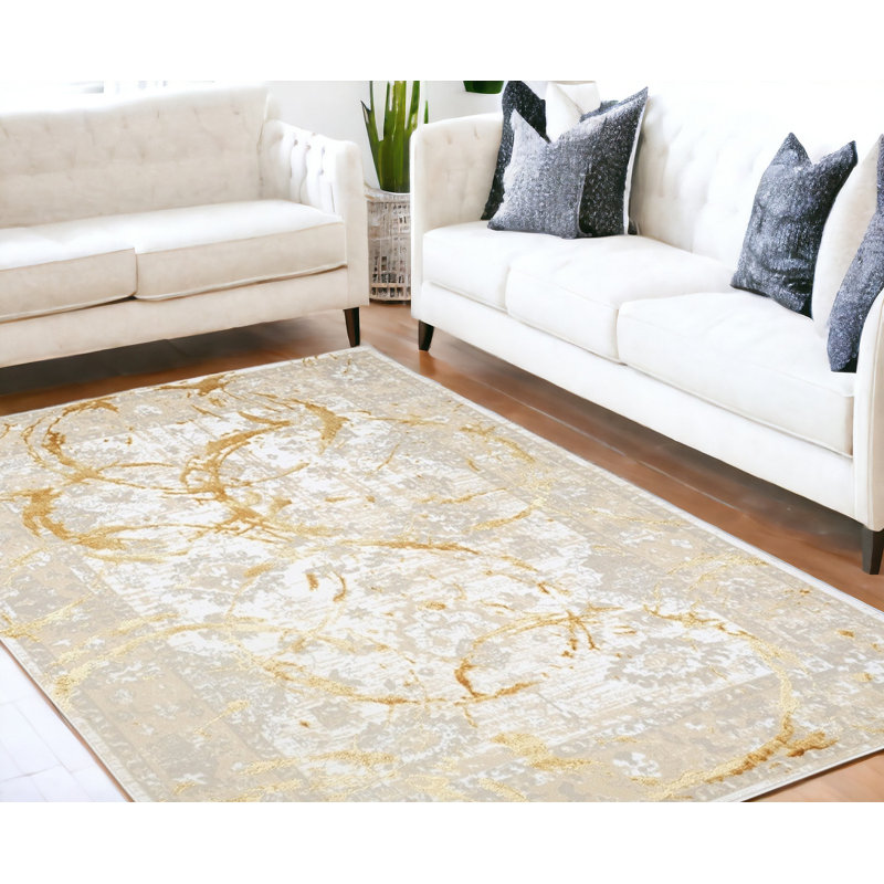 8' X 11' Beige and Gold Abstract Area Rug