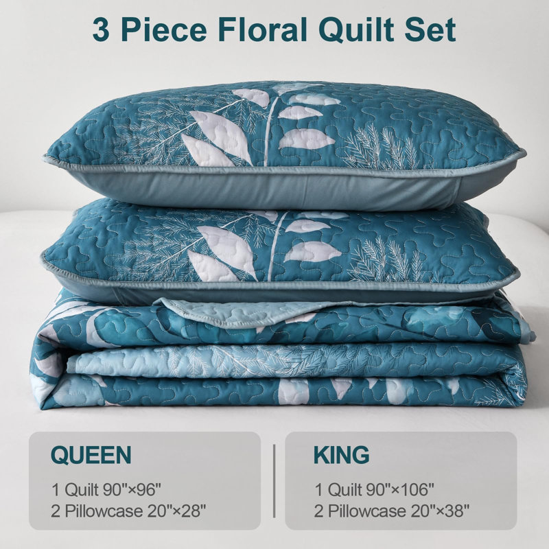 3 Pieces Soft Microfiber Lightweight Gradient Floral Quilt Set, Teal, King Quilt + 2 King Shams