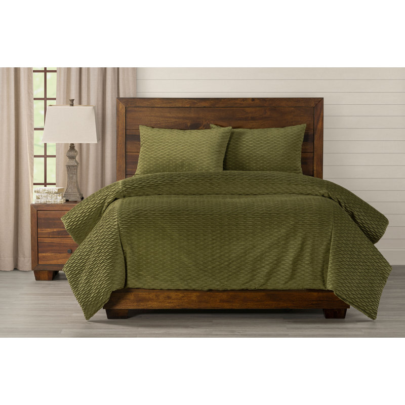 Pleated Velvet Olive Green Duvet Cover Set, California King Duvet Cover + 2 King Shams