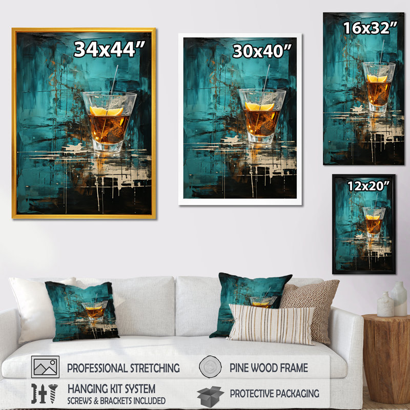 Turquoise Vesper Vibrance Twilight Cocktail I - Art mural cocktails, H 40 po x l 30 po x P 1,5 po