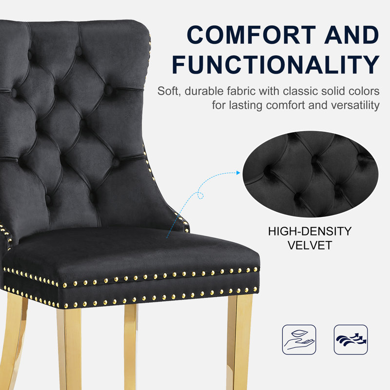 Modern Dining Table Set For 4, Luxurious Stainless Steel Legs And Tempered Glass Table, 4 Upholstered Velvet Dining Chairs With Nailhead Trim
