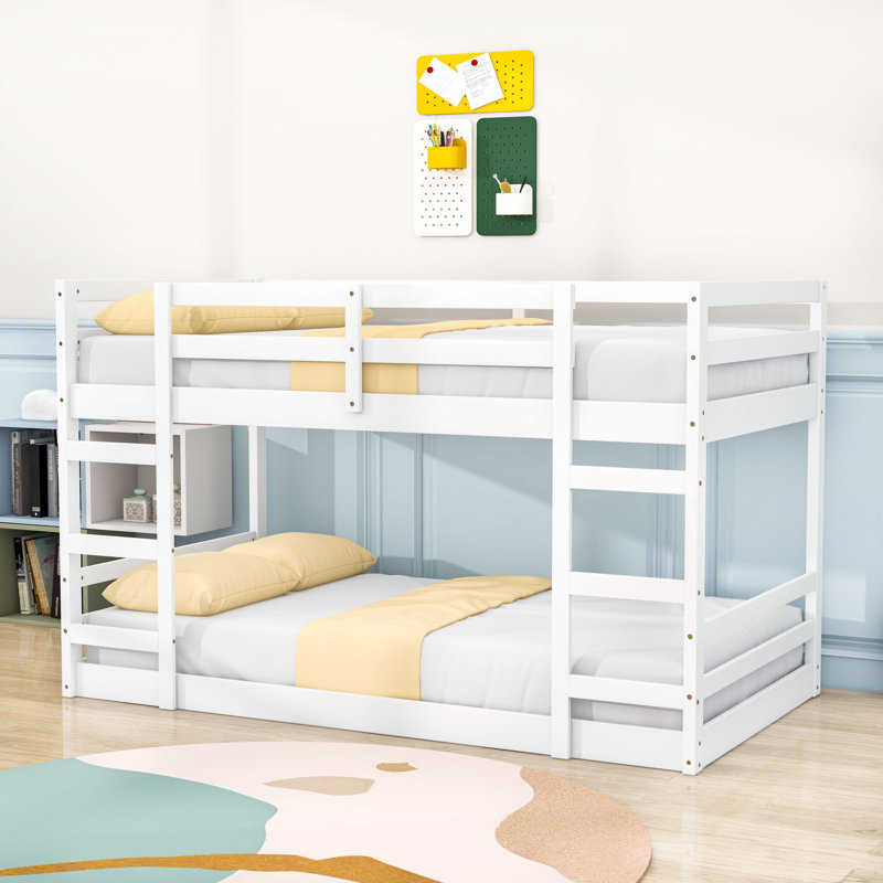 Wooden Bunk Bed With Slats And Ladder, Twin Over Twin, White