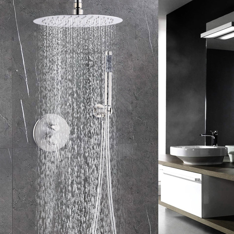 Douche de plafond fixée au plafond avec tête de 10 po et bras de douche réglable en nickel brossé