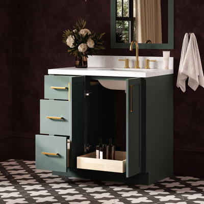 Meuble-lavabo rectangulaire simple de 91 cm (36 po) décalé à droite, avec comptoir en quartz blanc de Carrare de 3,8 cm (1,5 po) d'épaisseur, couleur vert vintage