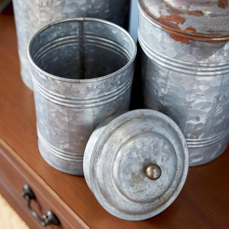 Costillo 3 Piece Gray Metal Decorative Jars with Lids Set, 12", 9", 8"H, 15.35" H x 14.96" W x 14.96" D