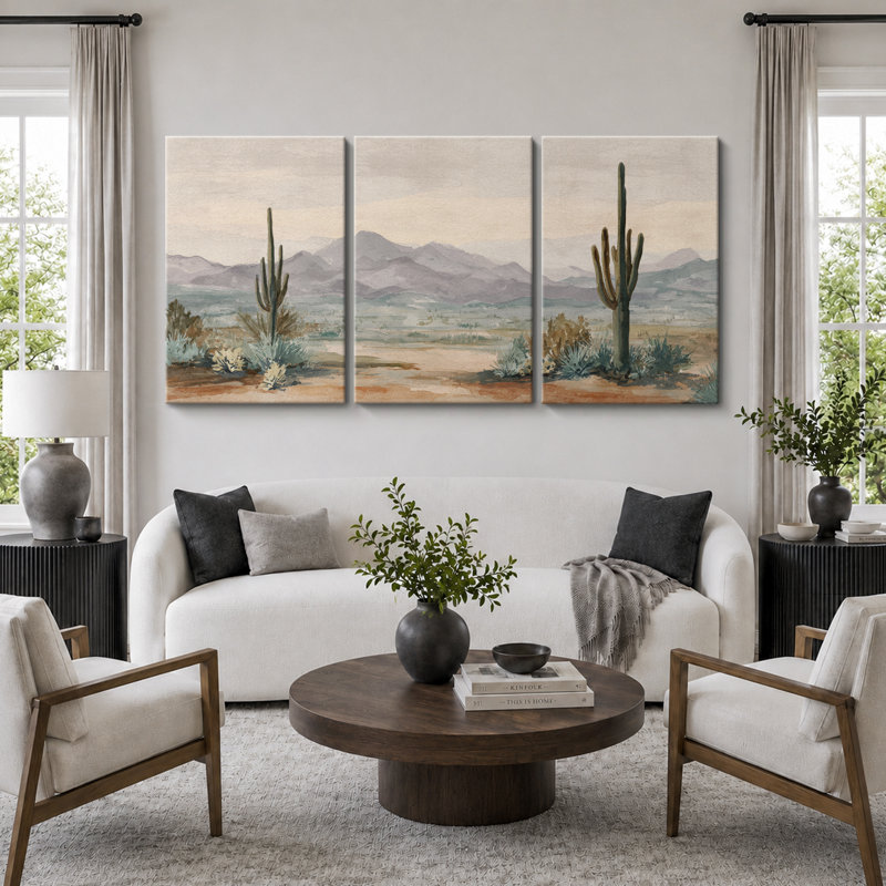 «Soft Southwest Cactus Desert View», impression sur toile encadrée, impression sur toile, 3 pièces, Toile tendue