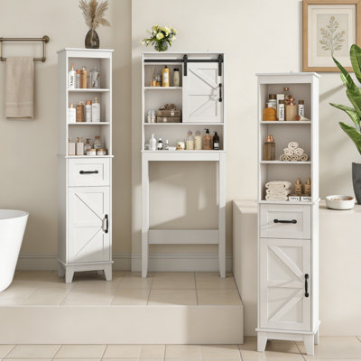 Ensemble de rangement pour salle de bain 3 pièces Farmhouse, armoire au-dessus de la toilette avec porte de grange coulissante et 2 grandes armoires en lin, blanc