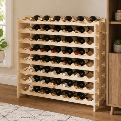 Support à vin modulaire empilable en bois naturel à 8 couches, pouvant contenir 96 bouteilles, convenant au pinot noir, utilisable dans les cuisines, les caves à vin et les bars.