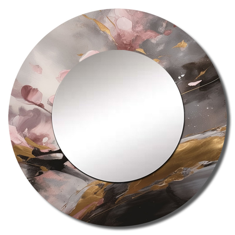 Querida Pink Blushing Cherry Blossom - Cherry Blossom Tree Decorative Mirror, Pink Round Wall Mirror, Printed Metal Art