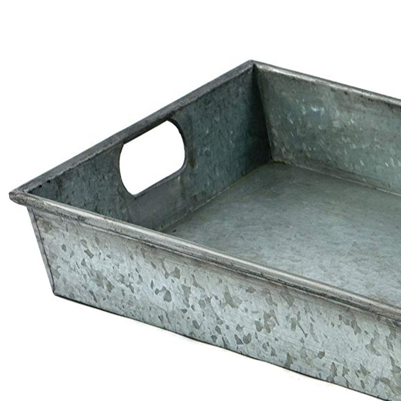 Plateau carré en métal galvanisé avec poignée, gris