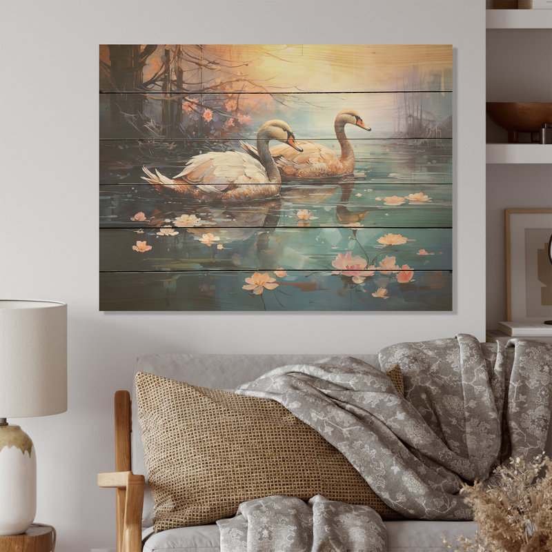 Flamant blanc crépuscule - Art mural en bois flamant sur bois de pin naturel, H 24 po x l 32 po
