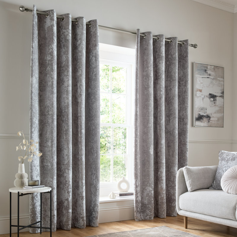 Crushed Velvet Eyelet Sheer Curtains, Silver Grey, 90 x 90 Inch