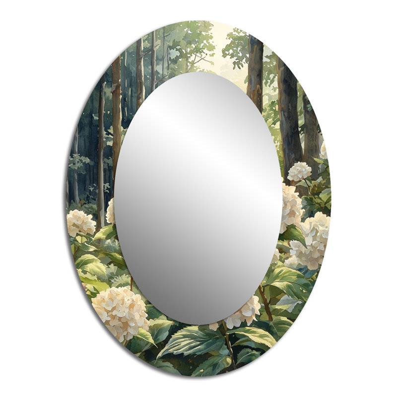 Hydrangeas By The Forest Edge - Miroir mural ovale blanc, 40 po x 30 po