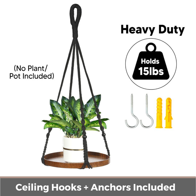 Paquet de 2 cintres pour plantes Macramé | Étagère à plante suspendue pour plante d'intérieur | Pot à fleurs suspendu (noir) (1 grand + 1 moyen)