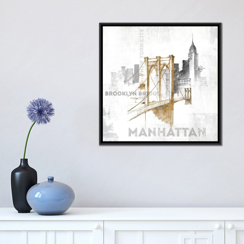 « brooklyn bridge », art textuel sur toile tendue, H 18 po x l 18 po x P 1,5 po, Toile avec cadre noir, Pas de tapis