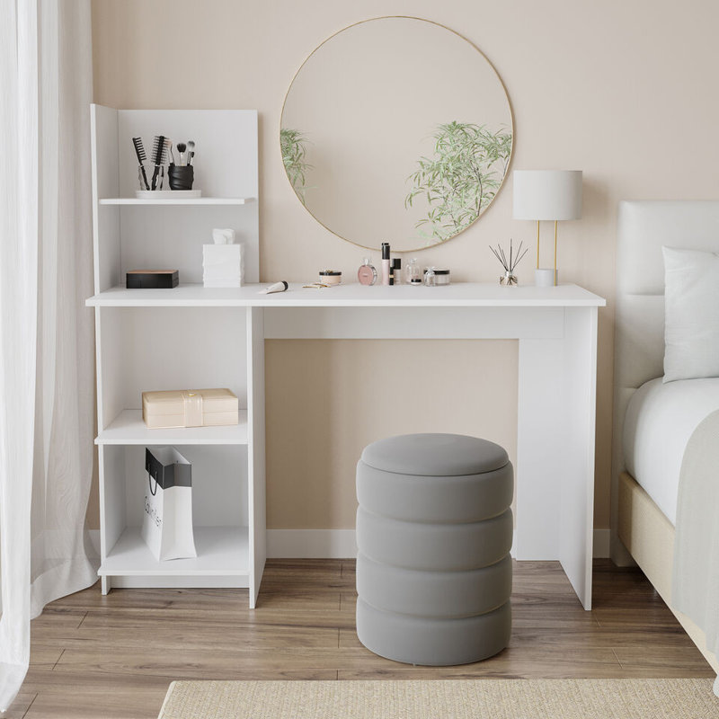 Sevik Solid Wood Computer Desk, White/Grey