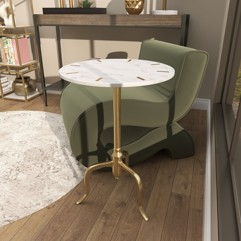 White Marble Side End Accent Table with Gold Inlay and Scrolled Base, 18" x 18" x 25", 25" H x 17.5 x 17.5" D