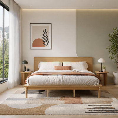 Mid-Century Modern King Platform Bed Frame with Slanted Headboard, Walnut Wood Bed with Heavy-Duty Slat Support