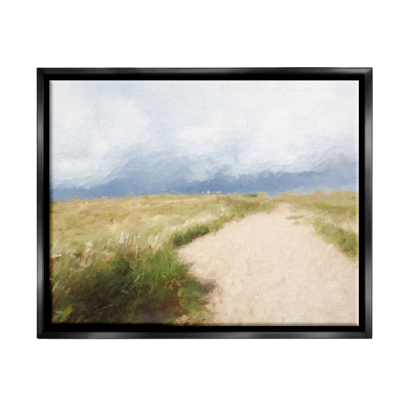 «Coastal Sandy Path Cloudy Sky Floater» par Kim Curationa, Cadre flottant noir de jais, H 17 po x l 21 po x P 1,7 po