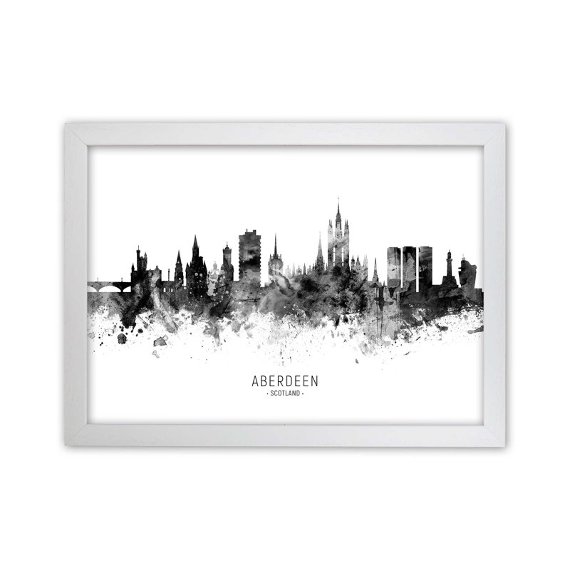 Aberdeen Scotland Skyline Black White City Name by Michael Tompsett - Print, 46cm H x 63cm W x 3cm D, White Framed