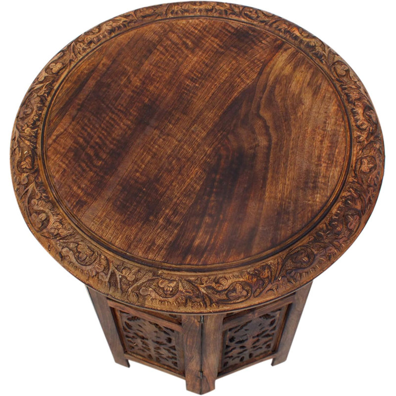 Handcrafted 18" Folding Mango Wood Round Accent Table With Carved Octagonal Base