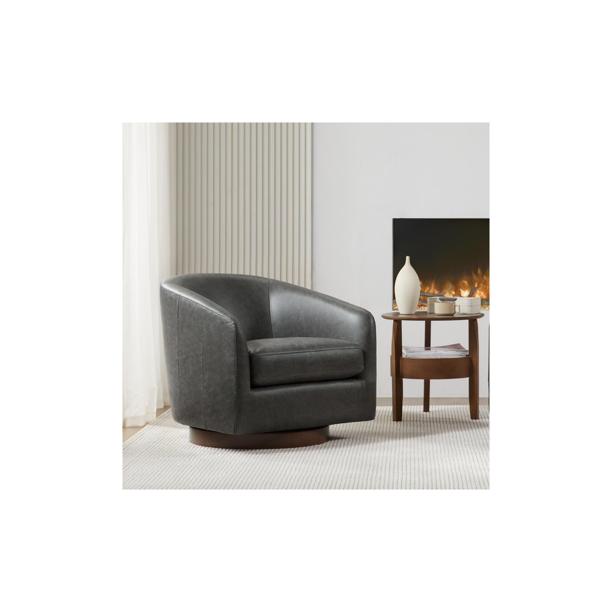 Bennett Genuine Leather Swivel Barrel Chair, Marseille Black Top Grain Leather