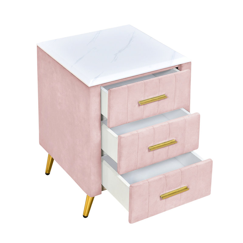 Table de chevet rose rembourrée avec 3 tiroirs et 3 pieds en métal avec pieds, Rose