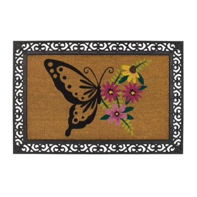 Natural Coir and Rubber Non Slip Outdoor Doormat with Decorative Border and Weather Resistant Textured Fiber Surface