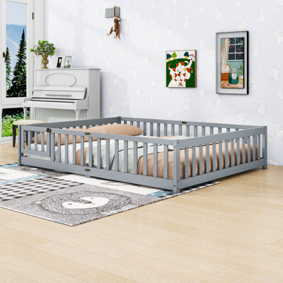 Queen Size Wood Floor Bed With Fence Door And Sturdy Slats