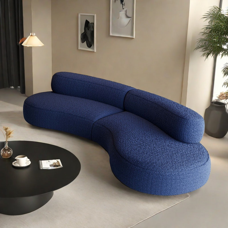 Modern Simple Curved Blue Sofa, 25.98" H x 110.24" W x 40.16" D
