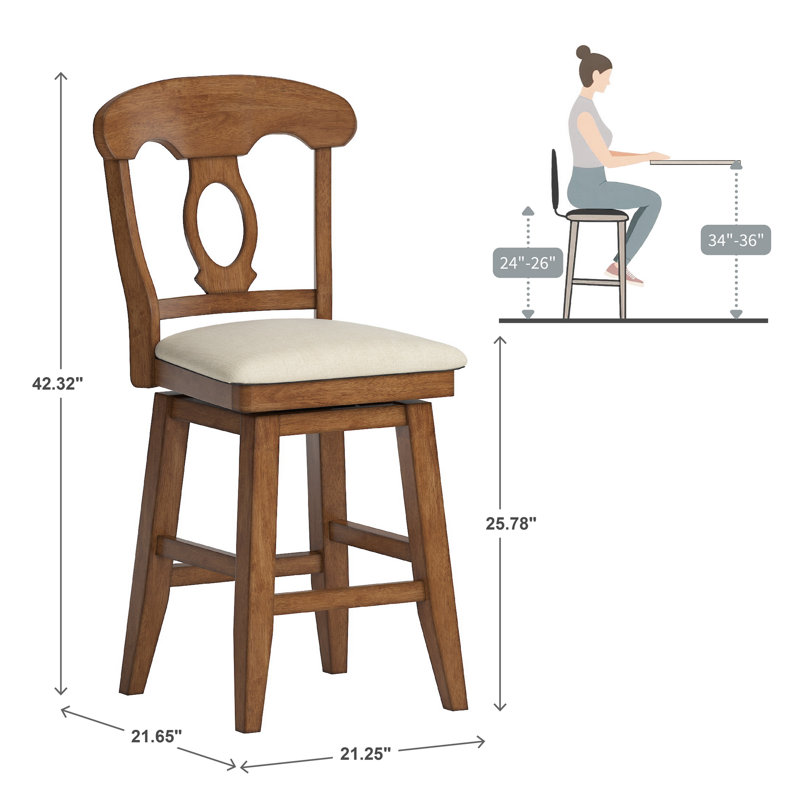 Tabouret de comptoir pivotant rembourré Marcotte, Chêne, Tabouret de comptoir (siège d'une hauteur de 25,8