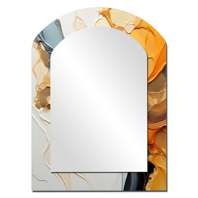 Orange Blue Line Art Abstract Expressionism - Line Art Arch Decorative Mirror, Orange Asymmetrical Wall Mirror, Printed Metal Art
