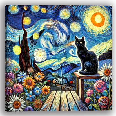 Nuit étoilée avec chat noir et fleurs sur toile tendue