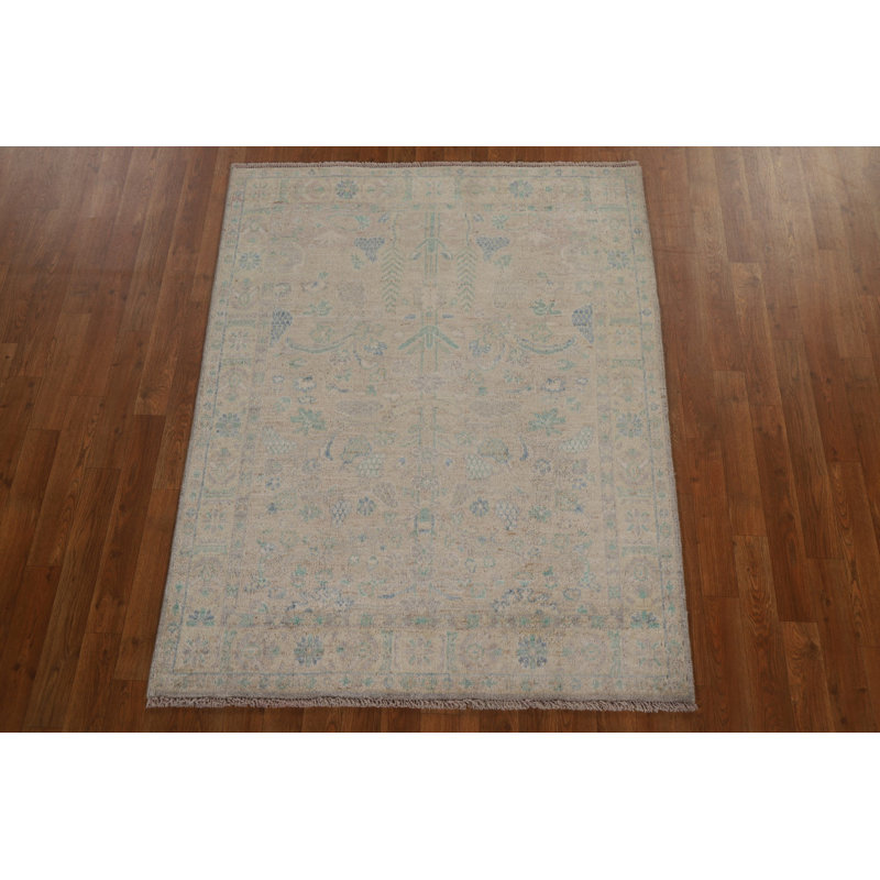 Tapis beige en laine noué à la main de conception unique 3 pi 11 po x 5 pi 0 po New Age