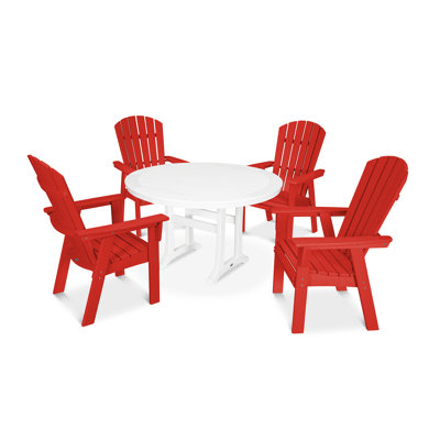 POLYWOOD Nautical Curveback Adirondack 5-Piece Round Dining Set with Trestle Legs by POLYWOOD