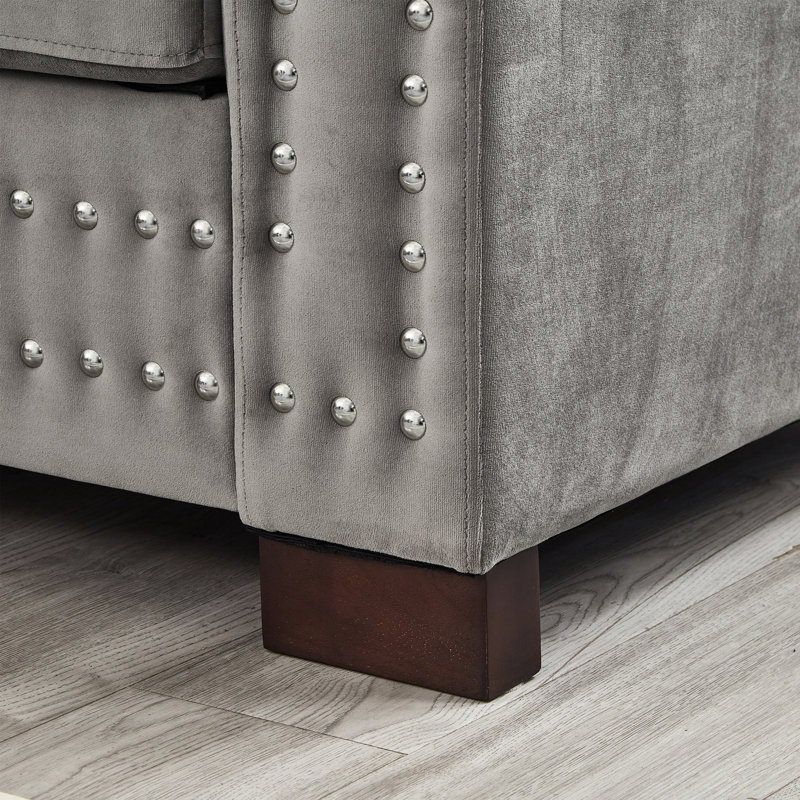 Canapé 2+3 places de style moderne en velours gris avec clous carrés argentés, coussins à ressorts haute élasticité confortables, housses lavables, espace de rangement, montage facile, pieds stables en bois massif 5 places.