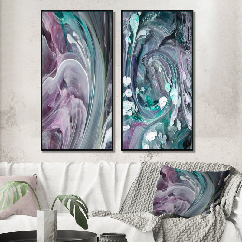Ensemble de 2 peintures sur toile - Turquoise et mauve liquide Art IV, H 40 po x l 40 po x P 1 po, Cadre flottant noir