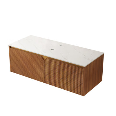 Meuble-lavabo mural de 48 po avec armoire en contreplaqué de chêne brun et comptoir en pierre frittée blanche, sans lavabo, robinet, portes en bois massif à fermeture en douceur, paquet plat pour assemblage 48 po
