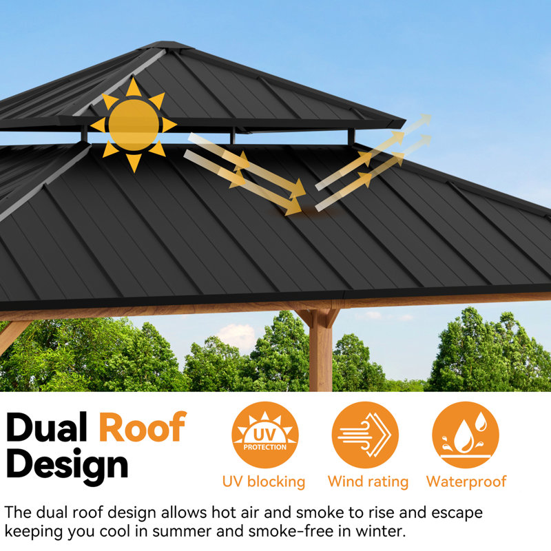 Horizon 12' X12' Hard Top Gazebo With Solar Self Powered LED Lights, Mosquito Netting And Canopy Hook