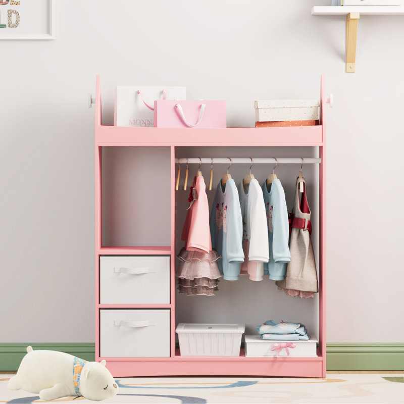 Kids Dress up Rack-Wardrobe Closet with Mirror, Open Kids Wardrobe with 3 Tier Shelf, 2 Storage Drawers, Pink