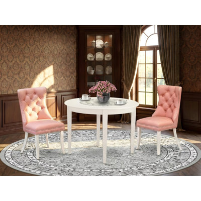 3 Piece Dining Table Set Includes a Round Dining Table and 2 Upholstered Parson Chairs, linen white